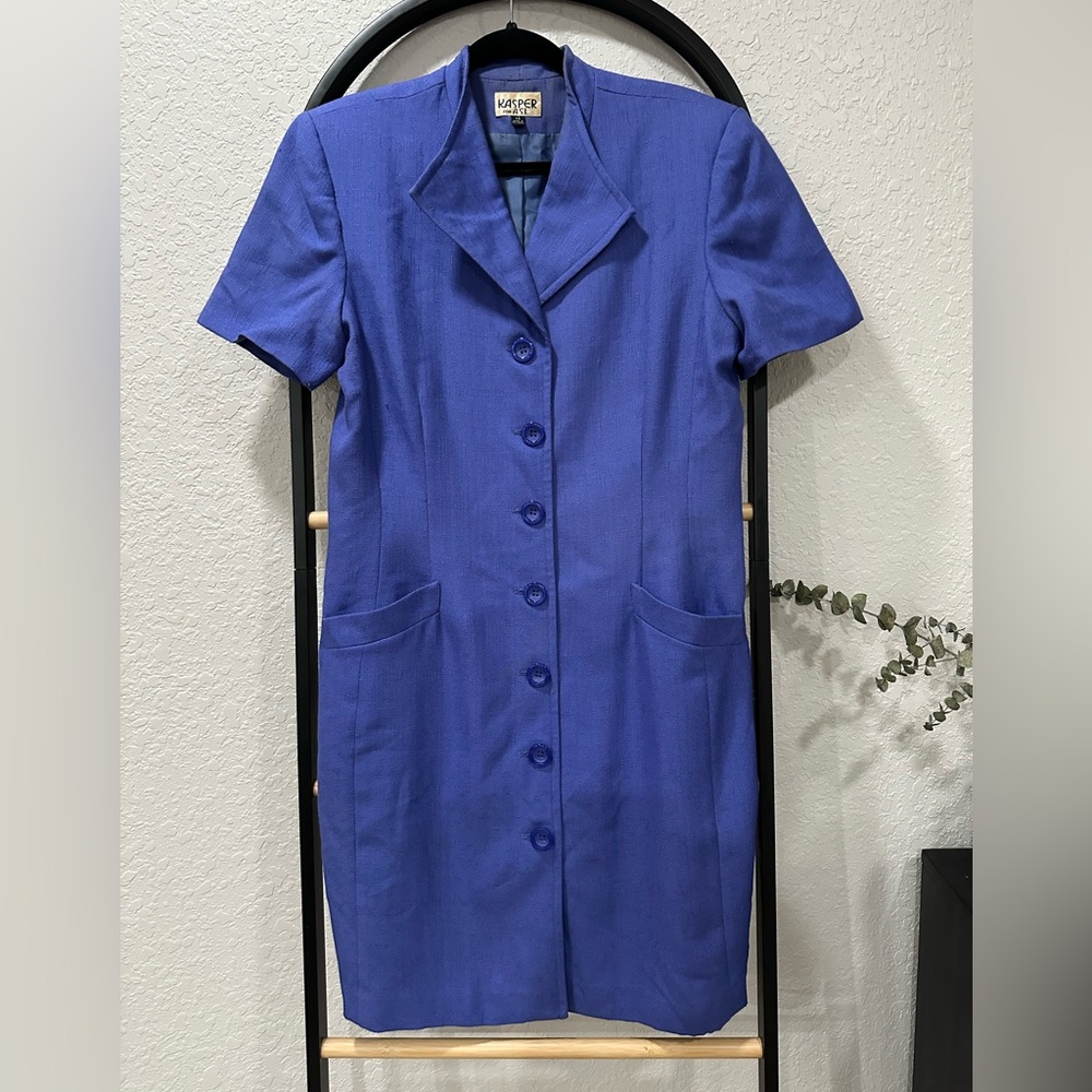 Vintage 90s Blue Button Front Mid Dress Career Office Secretary